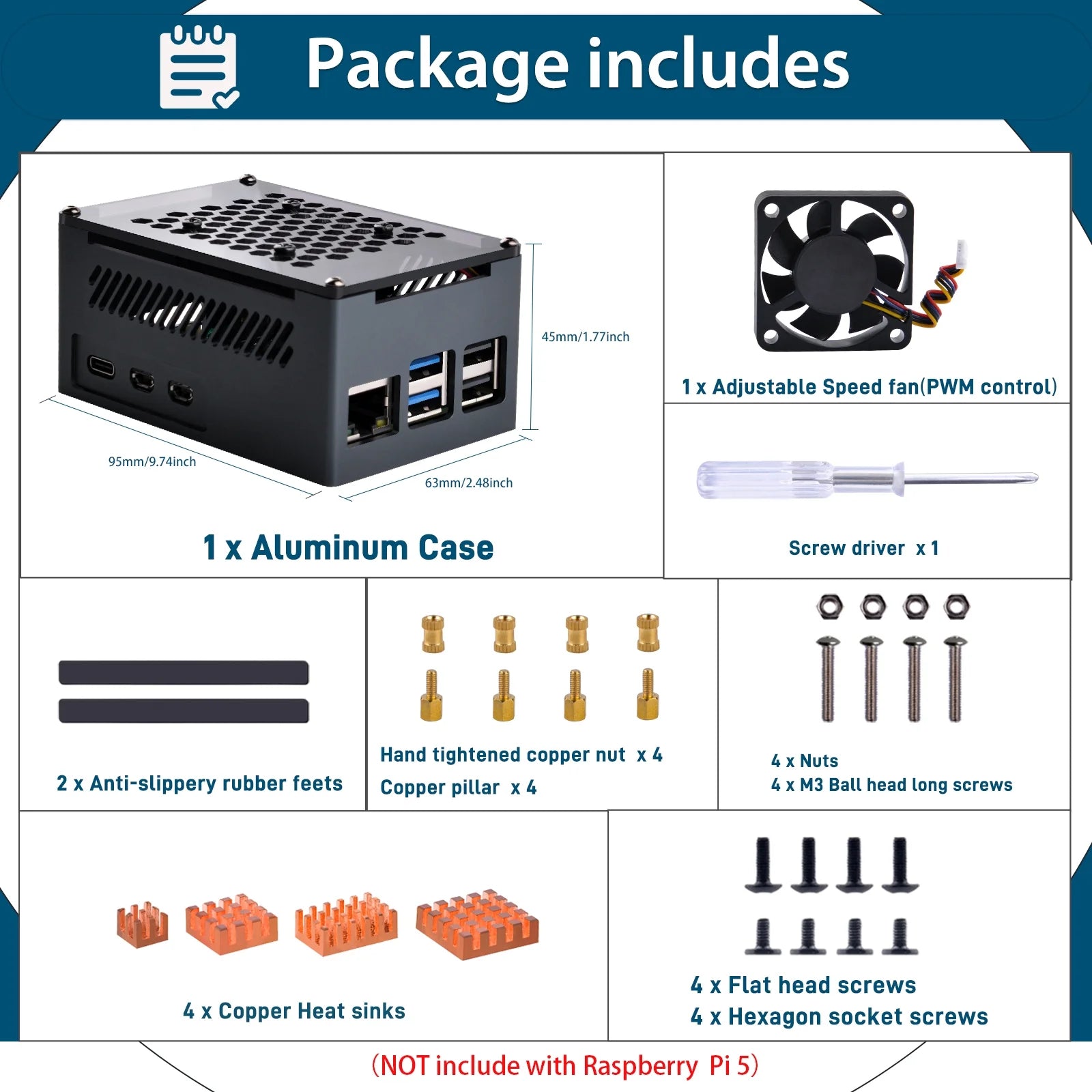 Aluminum Case for Raspberry Pi 5, with 4010 PWM Fan and Copper Heatsinks for Raspberry Pi 5
