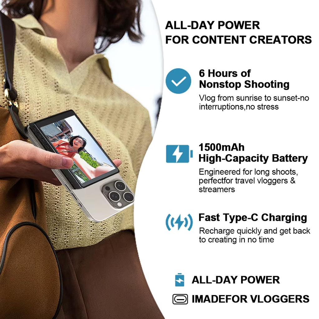 Wireless Selfie Monitor Screen,Magnetic 4K Selfie Monitor Screen with Vlog Live Stream /Selfies ,For Iphone/Android